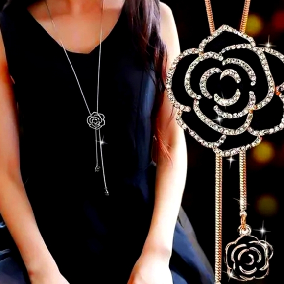 Black Rose Pendant Long Necklace for Women Trendy Fashion Jewelry - Picture 2 of 8